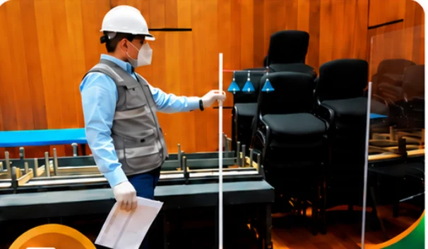 Profesional efectuando mediciones técnicas en un auditorio