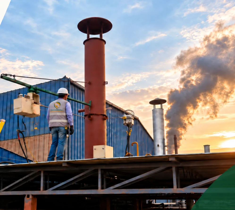 Técnico de QYECO monitoreando emisiones en una instalación industrial